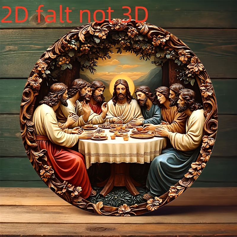 Home Decor Jesus - Seni Dinding Bulat Aluminium, Lukisan Perjamuan