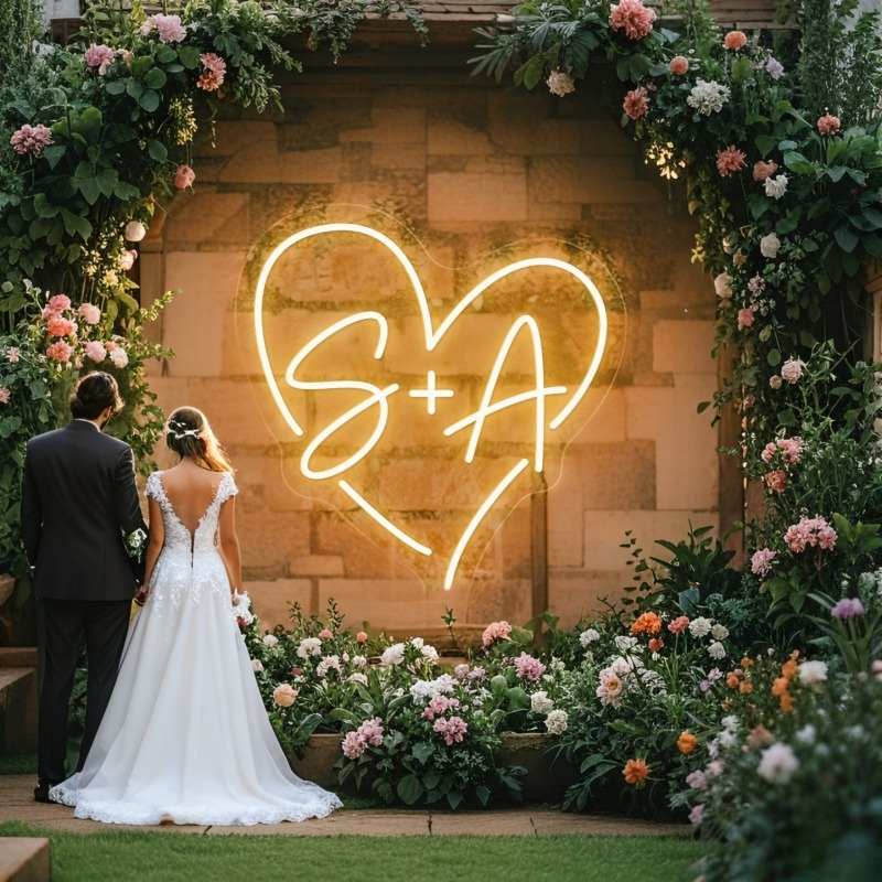 Home Decor For Wedding - Tanda Neon LED Hati Inisial Kustom,