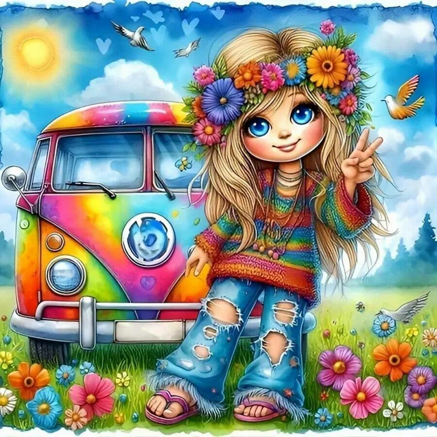 Home Decor Hippie - Gadis Hippie dengan Mobil Pelangi di